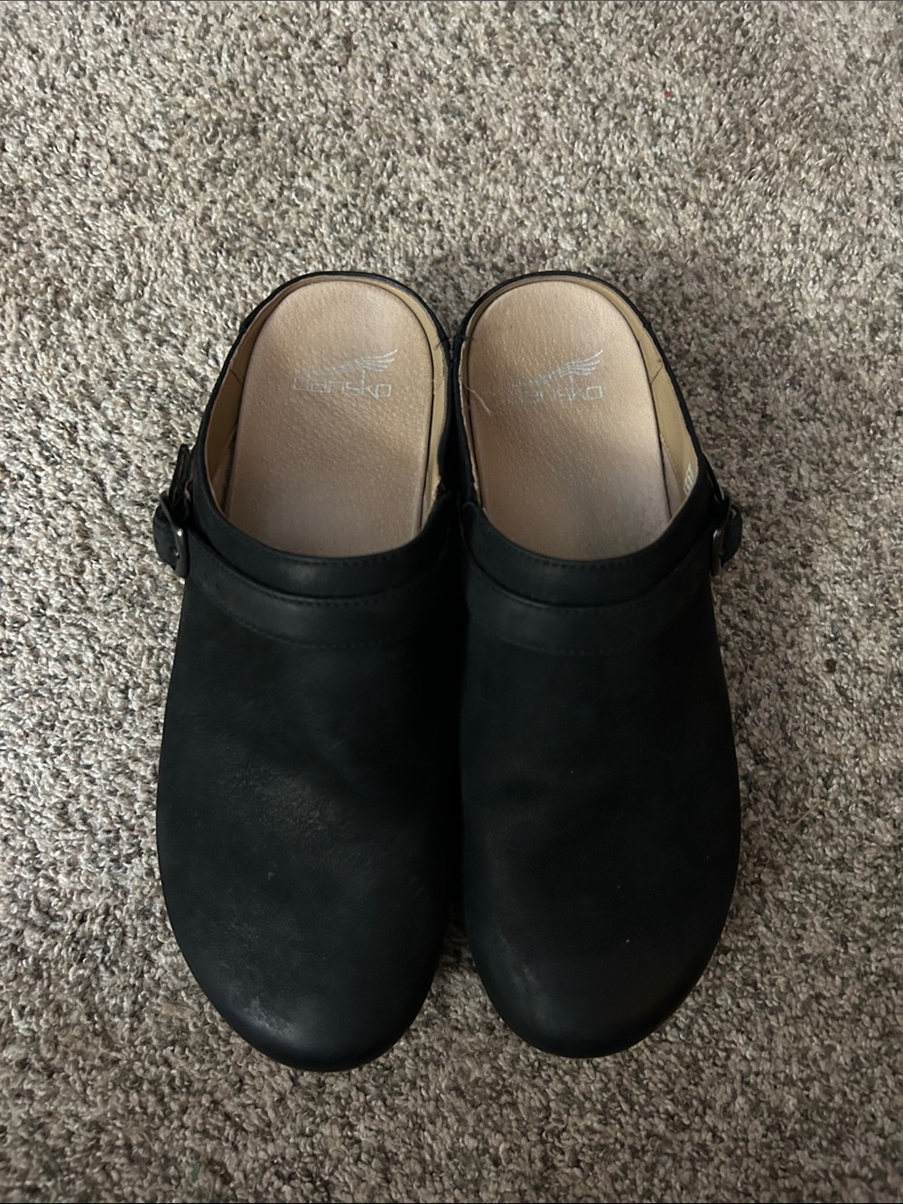 Dansko Black Slip-On Leather Clogs with Buckle Accent, Size 40
